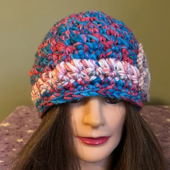 Multicolor Crochet Flower Beanie medium acrylic yarn new - Picture 3 of 7